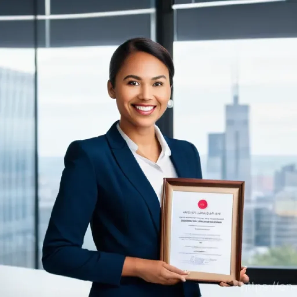 규제준수 자격 취득 후 취업 시장 분석 - **Prompt**: A confident, diverse professional in her late 30s, dressed in a sharp, modern business s...