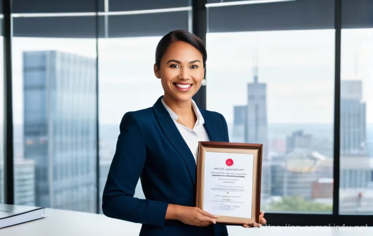 규제준수 자격 취득 후 취업 시장 분석 - **Prompt**: A confident, diverse professional in her late 30s, dressed in a sharp, modern business s...