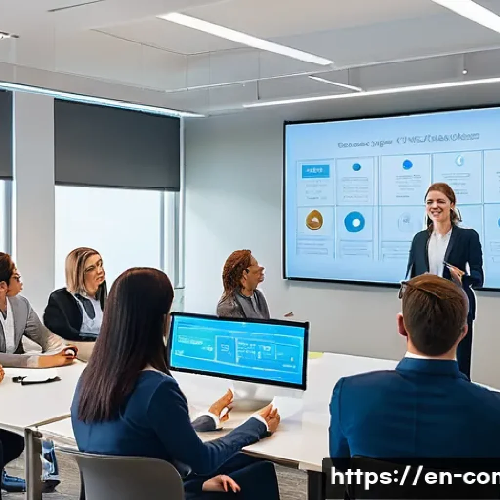 규제준수 업무에서 발생한 문제 해결 사례 - A modern corporate training room filled with diverse employees actively participating in a complianc...