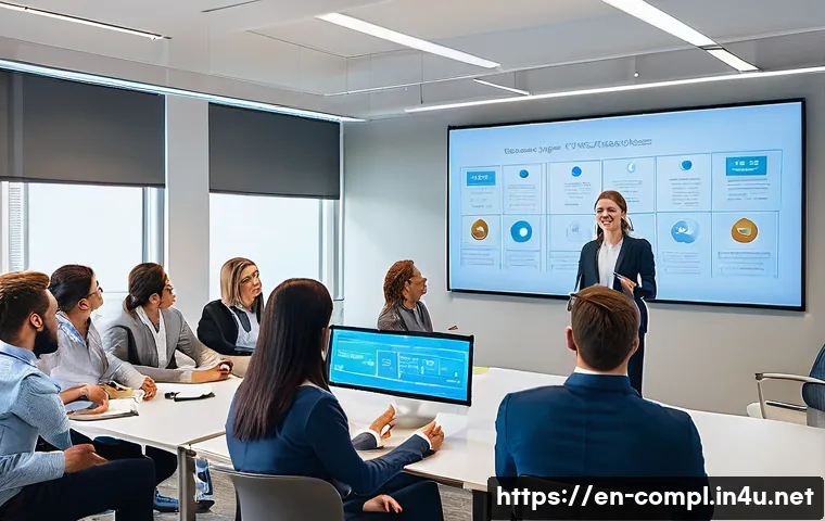 규제준수 업무에서 발생한 문제 해결 사례 - A modern corporate training room filled with diverse employees actively participating in a complianc...