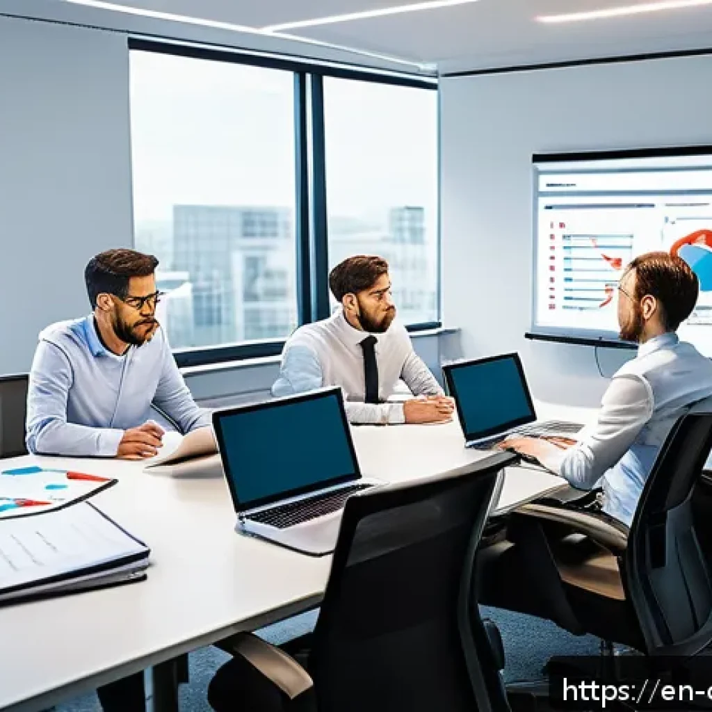 규제준수 전문가의 직무별 업무 분석 - A professional office scene showing a diverse team of Regulatory Specialists collaborating around a ...