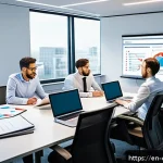 Home 19 규제준수 전문가의 직무별 업무 분석 - A professional office scene showing a diverse team of Regulatory Specialists collaborating around a ...