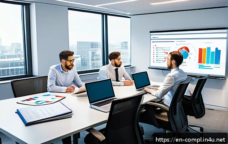 규제준수 전문가의 직무별 업무 분석 - A professional office scene showing a diverse team of Regulatory Specialists collaborating around a ...