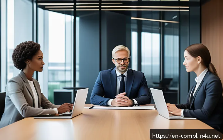 규제준수 분야 취업 인터뷰 준비 방법 - A professional corporate office setting showing a diverse group of compliance professionals engaged ...